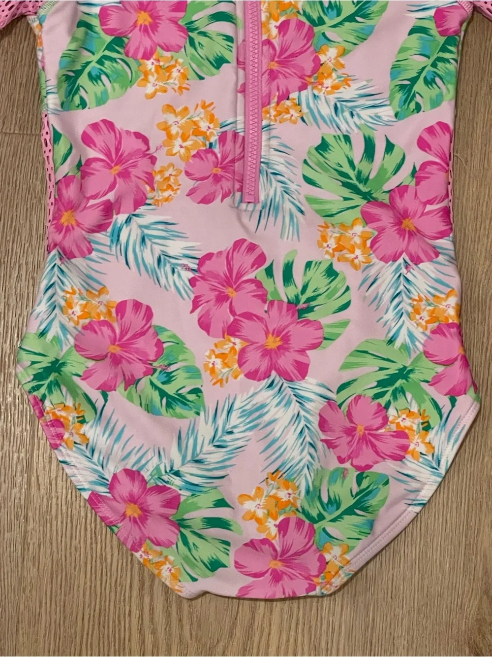 Girls Pink Floral Short-Sleeve Rash Guard One-Piece Swimsuit 10/12